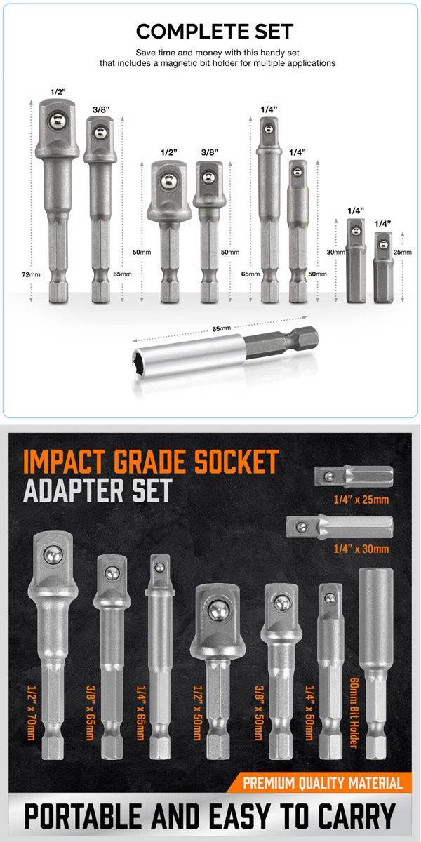 9Pcs Socket Adapter Drill Bits Set for Hex Impact for Driver Tools 1/4 3/8 1/2 Shank New