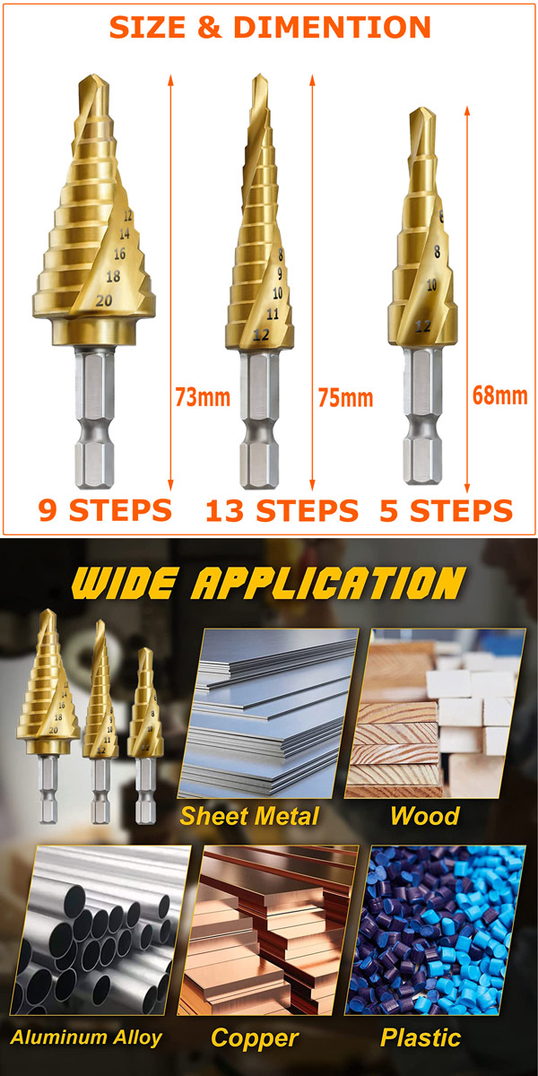 Suwinus HSS Step Drill Bit 3-Piece Set Titanium Coated Spiral - View #7