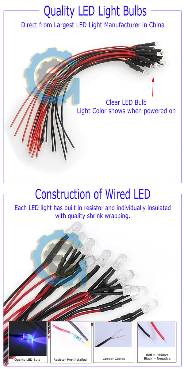 Pre Wired 12 Volt LEDs 12V LED Builtin Resistors, all colors/sizes