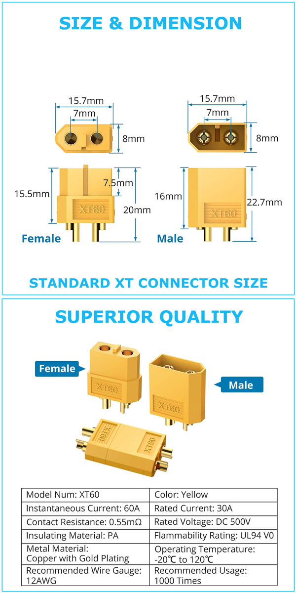 Connettori XT60 Maschio E Femmina 500V 30A – Coppia Di Spine Bullet Per Batterie RC, Droni E Modellismo