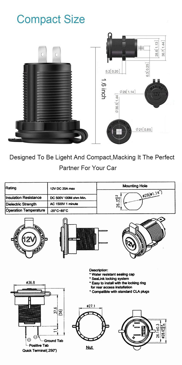 12V Car Cigarette Lighter Socket Outlet Charger Power Adapter Plug  Waterproof SM