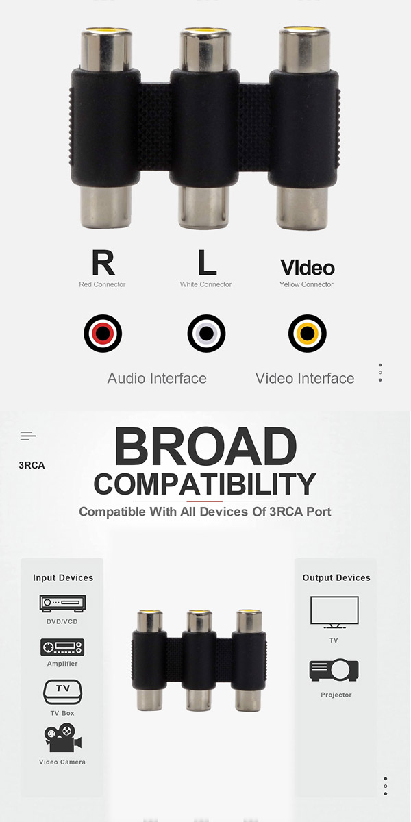 3 RCA Female To 3 RCA Female AV Cable Joiner/Adapter - Connect RCA Cables Together